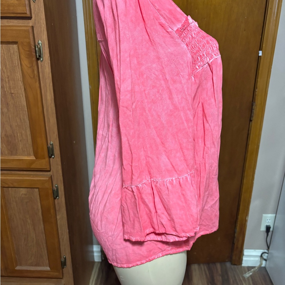 Floral and ivy Barbie pink large ruffles cinched top long flare sleeves vacation - Picture 6 of 10